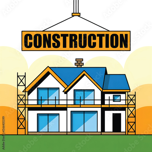Construction Site with House Under Construction - Vector Illustration