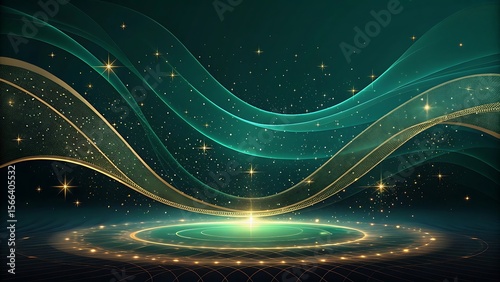 Elegant emerald green and gold abstract waves with shimmering stars and a glowing circular stage