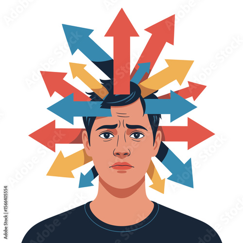 Person overwhelmed by choices with colorful arrows swirling in chaotic decision-making vector illustration