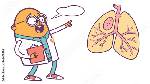 Cartoon doctor pointing to a lung illustration with a tumor, with a speech bubble above him.