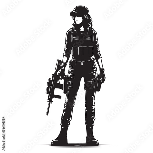 Woman in military uniform holding a gun image vector