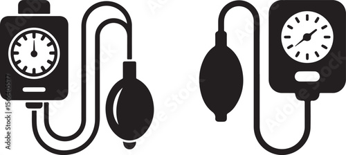 blood pressure and heart care icon set, black and white vector silhouettes with monitors, stethoscope, and heart symbol