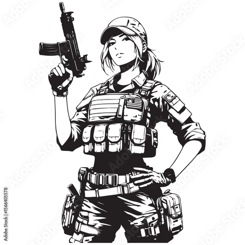Woman in military uniform holding a gun image vector