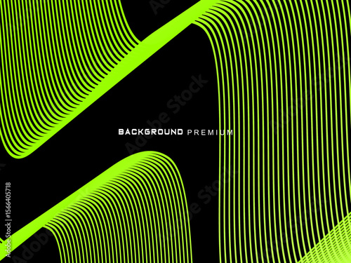 Background pattern of bright green neon stripes that curve and wavy dynamically on a black background, creating an effect of movement and modernity.