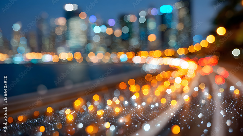 Fototapeta premium Nighttime cityscape with blurred lights creating a vibrant bokeh effect, showcasing urban life and energy in a dynamic environment. Selective focus