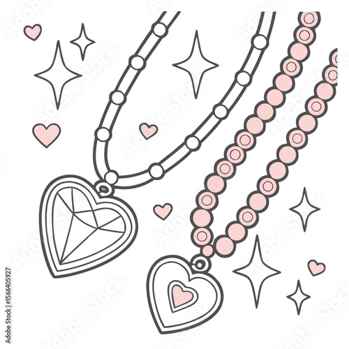 Layered Necklaces with Crystals and Hearts - Elegant Sticker Style Design for Boho Jewelry, Feminine Aesthetic & Fashion Branding