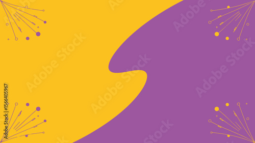 Abstract background with a yellow and purple color split and decorative lines and circles in corners