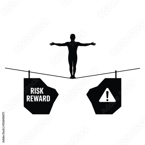 Tightrope walker balancing over gap with risk and reward signs in bold black and white vector