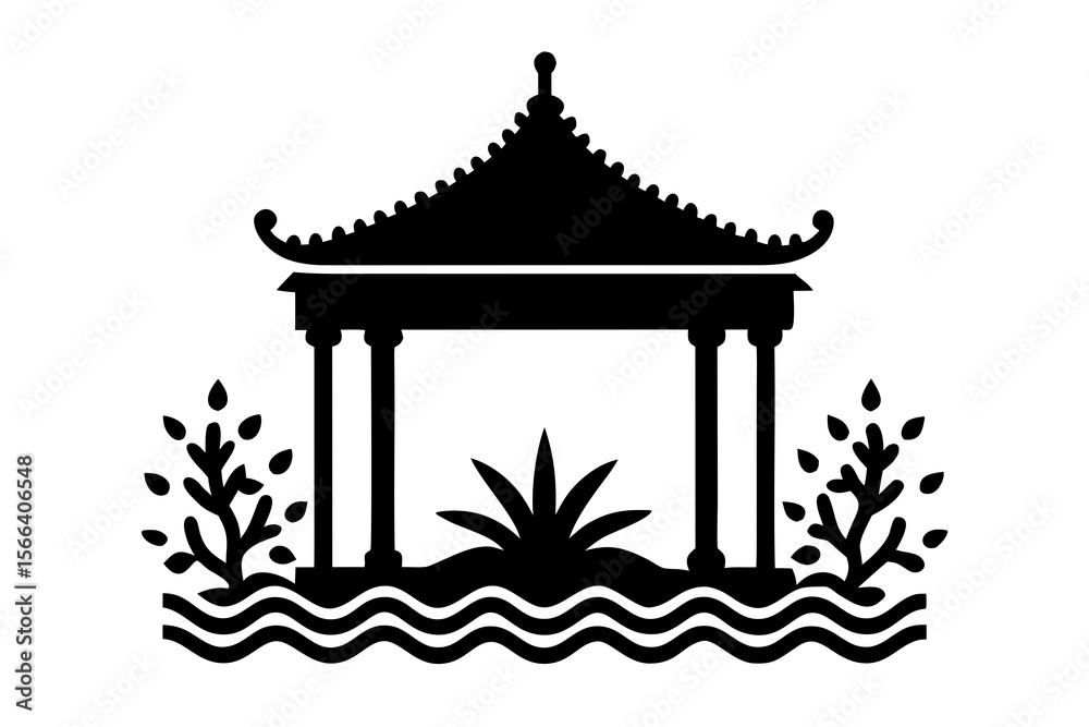 Fototapeta premium Asian Garden Pavilion Icon with Water and Foliage