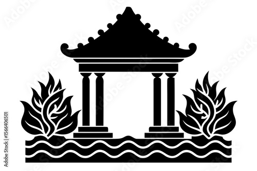 Ancient Temple Icon with Flames and Water – Sacred Monument Symbol