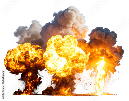 Multiple powerful explosions erupt with intense fireballs and billowing smoke creating a dramatic scene.