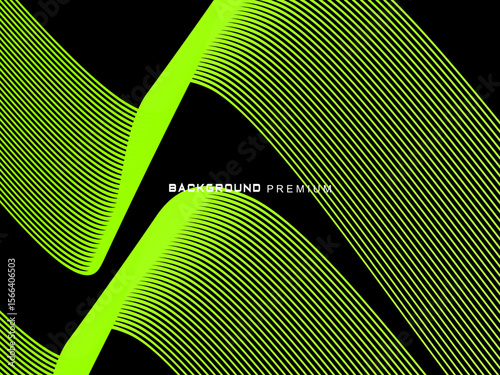 Background pattern of bright green neon stripes that curve and wavy dynamically on a black background, creating an effect of movement and modernity.