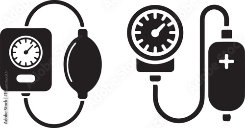 blood pressure and heart care icon set, black and white vector silhouettes with monitors, stethoscope, and heart symbol