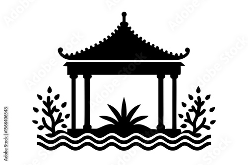 Asian Garden Pavilion Icon with Water and Foliage