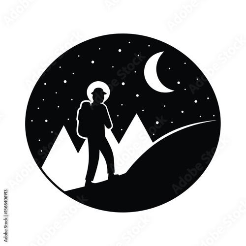 Silhouette of hiker with headlamp at night under moon and stars