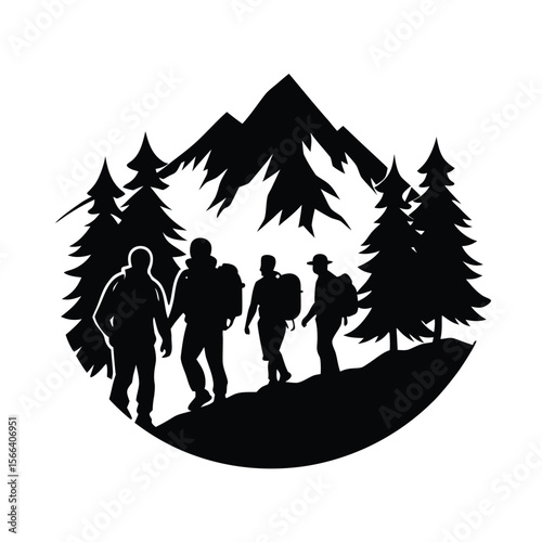 Silhouette of hikers with backpacks walking on a forest path towards mountains