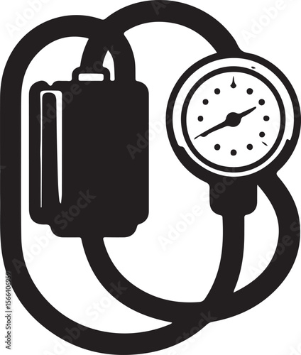 blood pressure monitor silhouette, black vector illustration of sphygmomanometer with cuff and analog gauge for medical diagnostics