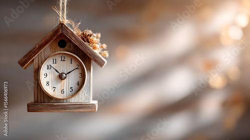 Wooden cuckoo clock hanging in a cozy setting with soft light illuminating the background, showcasing craftsmanship and rustic charm. Selective focus