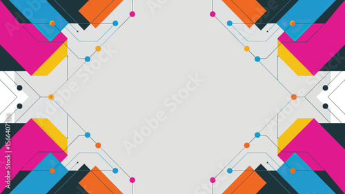 A symmetrical abstract design featuring colorful geometric shapes and connecting lines on a light background