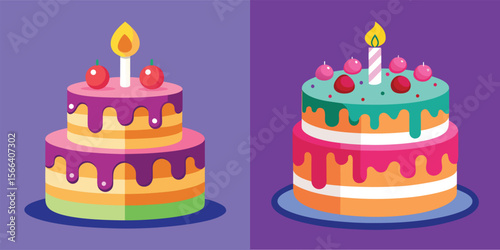 Two colorful birthday cakes with candles and toppings on purple backgrounds