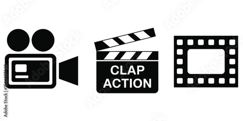 Movie Camera, Clapboard, Filmstrip Icons in Black Color Isolated on Transparent Background