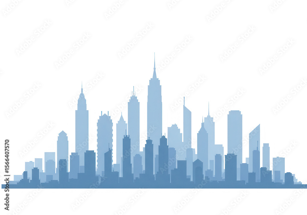 Fototapeta premium A blue city skyline silhouette with various buildings and towers, isolated on transparent background