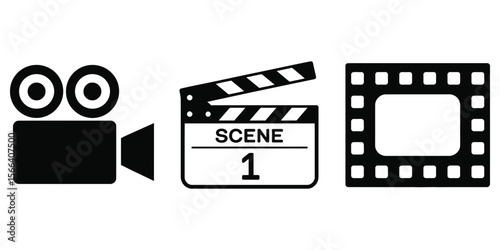 Movie Camera, Clapperboard One, and Film Strip on Transparent Background