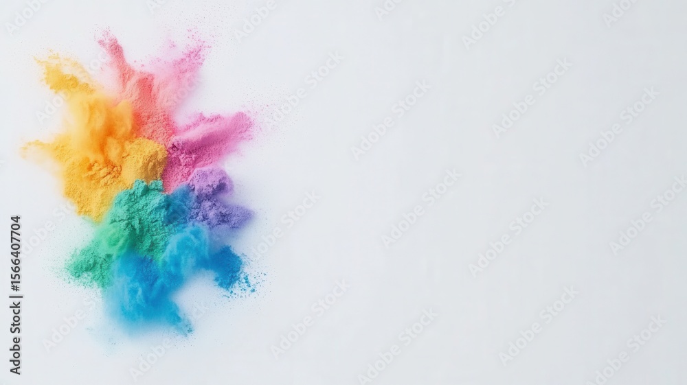 Fototapeta premium Vibrant holi powder exploding in multicolored bursts, splattering dynamic rainbow pigments across pristine white surface