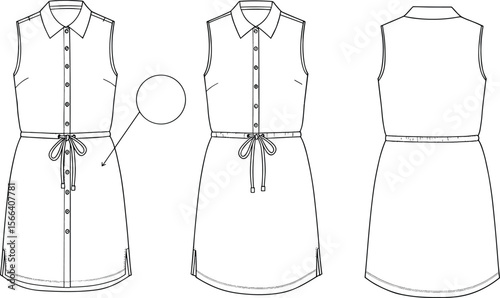 Sleeveless shirt dress flat sketch with button closure, waist tie, front and back view, cad drawing flat vector illustration