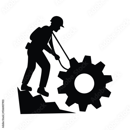 Silhouette of man with gear on rocky ground worker