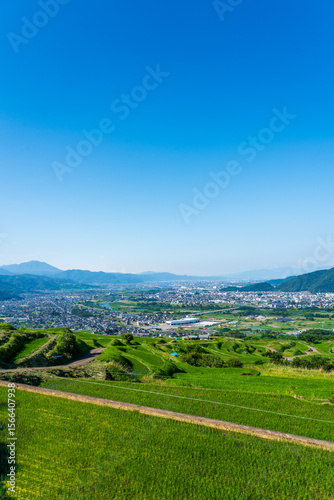 長野県の風景　姨捨の棚田と広大な長野盆地を望む