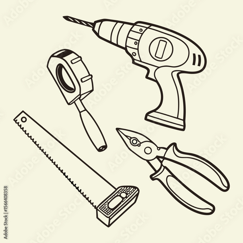 Black and white illustration of construction tools
