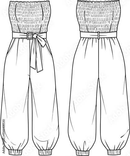 Strapless smocked jumpsuit fashion flat, technical cad sketch, belted waist, cuffed ankle, vector illustration, stylish apparel design drawing