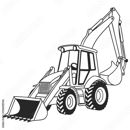 Black and white line drawing of a backhoe loader construction equipment