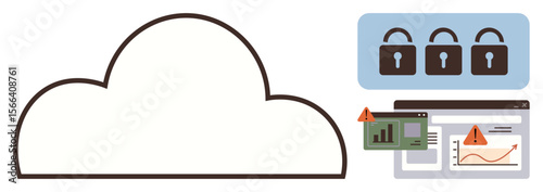 Large cloud shape, locked padlocks symbolizing security, graphs and warnings highlighting threats. Ideal for cybersecurity, data protection, cloud storage safety, risk management, technology, network