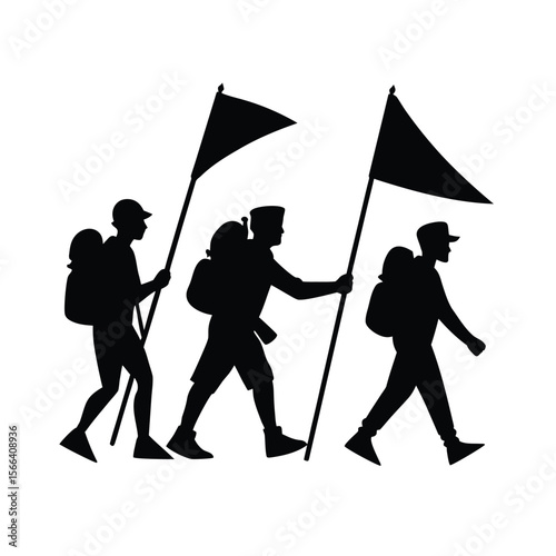 Three hikers with flags and backpacks walking silhouette