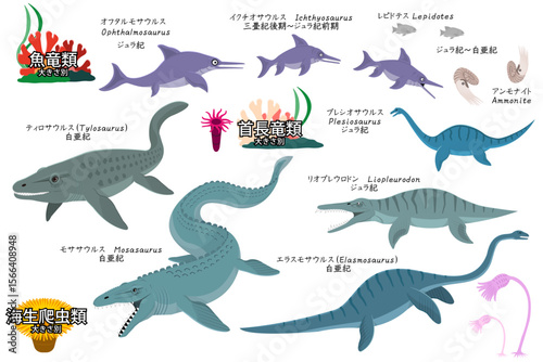 恐竜達のサイズ別海生爬虫類、魚竜類、首長竜類のセット