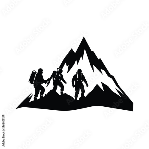 Three hikers with backpacks climbing a mountain silhouette