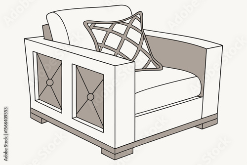 Boxy armchair with neutral upholstery and geometric pillow