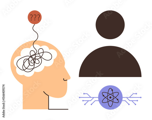 Tangled brain with question marks contrasts with simplified artificial intelligence connection. Ideal for innovation, decision-making, mental health, problem-solving, AI, technology, human-machine