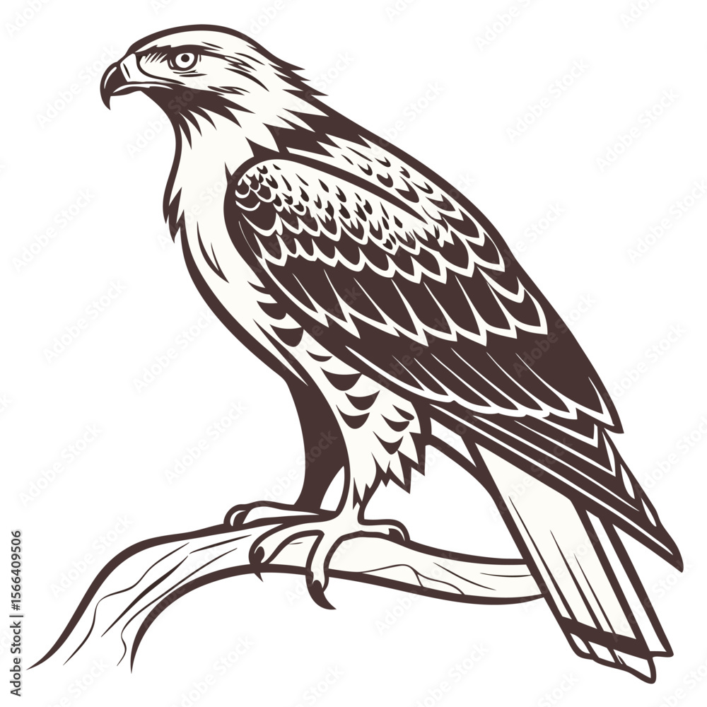 Fototapeta premium Brown and cream hawk perched on branch vector illustration