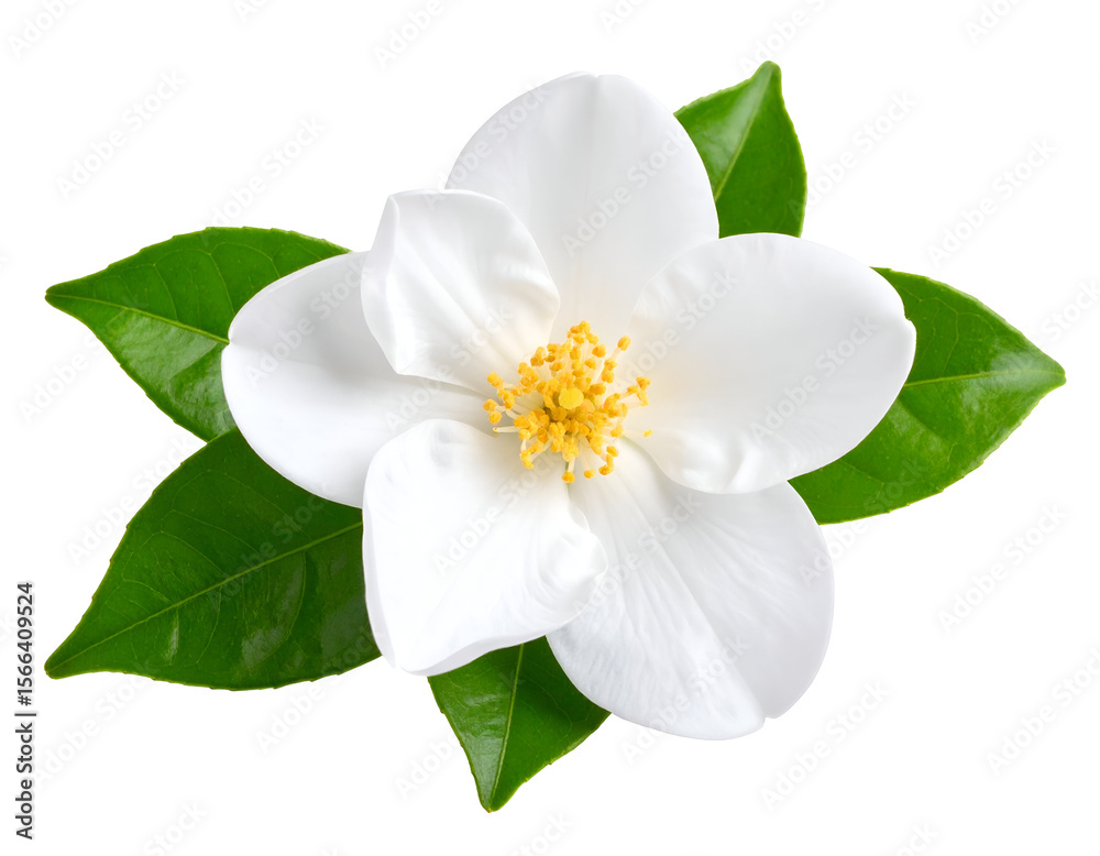 Obraz premium A pristine white blossom with vibrant green leaves radiates natural elegance and delicate beauty.