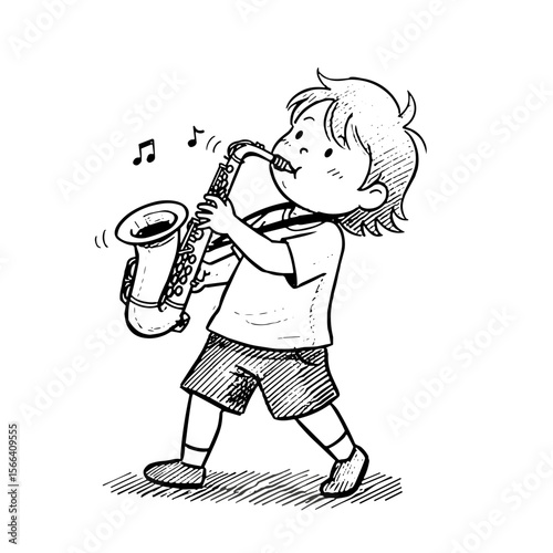 Young boy playing saxophone and enjoying music in black and white on isolated background  