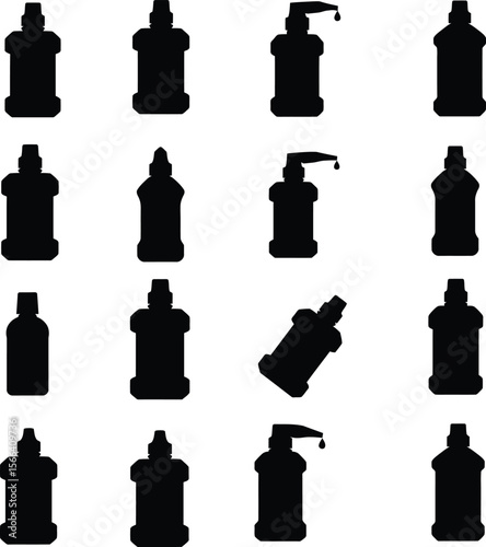Mouthwash Bottle Silhouettes Vector Set, Diverse Oral Care Product Packaging, Various Containers for Personal Hygiene and Dental Health Concepts.