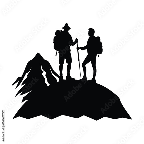 Two hikers with backpacks on mountain summit silhouette