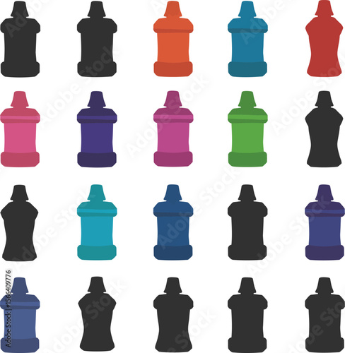 Mouthwash Bottle Vector Illustration Set, Colorful and Silhouette Oral Care Product Packaging, Diverse Containers for Personal Hygiene and Dental Health Concepts.