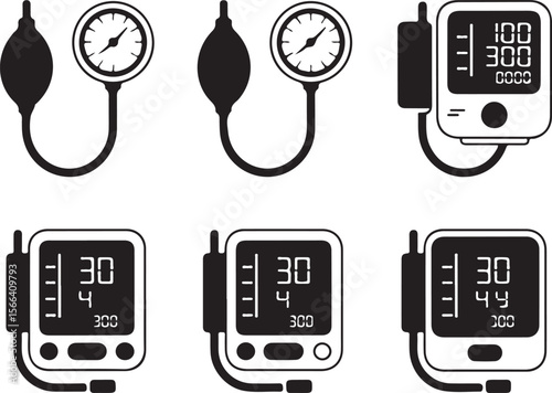 blood pressure monitor silhouette set, black vector icons of sphygmomanometer with analog dials and inflation bulbs