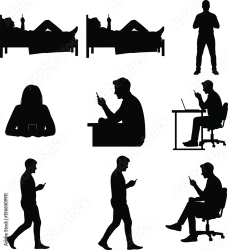 Silhouette-style vector pack of people using phones in different ways – laying on bed, sitting on desk, walking with phone – on white background.