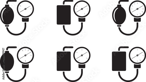 blood pressure monitor silhouette set, black vector icons of sphygmomanometer with analog dials and inflation bulbs