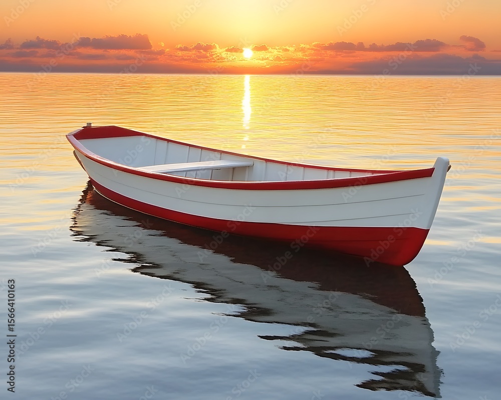 Naklejka premium Serene Sunset Rowboat on Calm Water